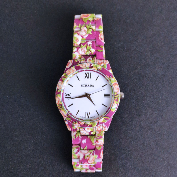 Vintage Strada Japan Movement Purple Floral Band Analog Ladies Watch, Battery Op - Picture 1 of 5